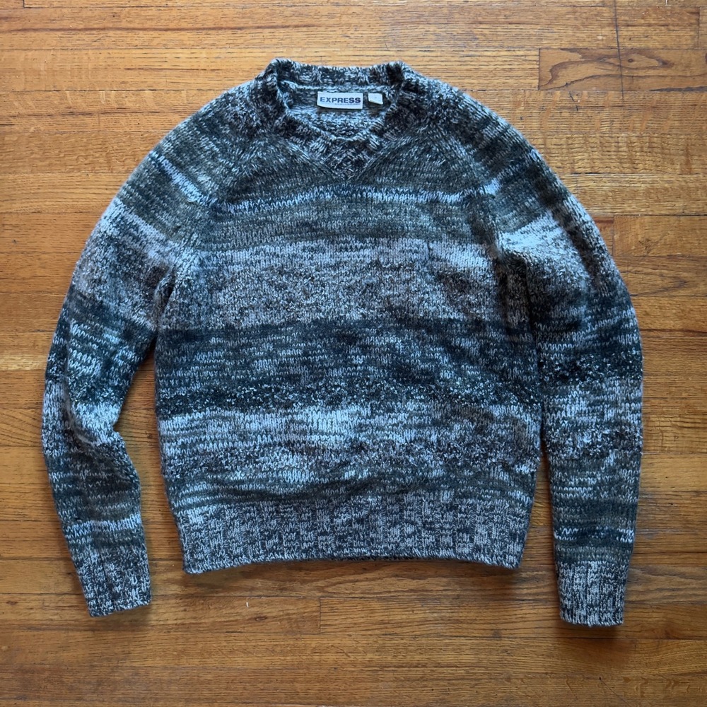 Vintage Express Mens Sweater V-Neck Knitted Gray Striped‎ Casual Pullover Top